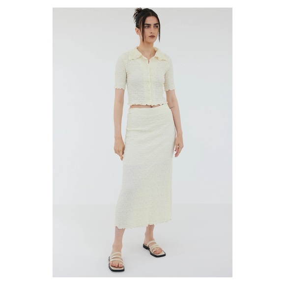 SourceUnknown Dresses & Skirts - WRINKLE LOOK CROP SHIRT & MIDI SKIRT SET, CREAM